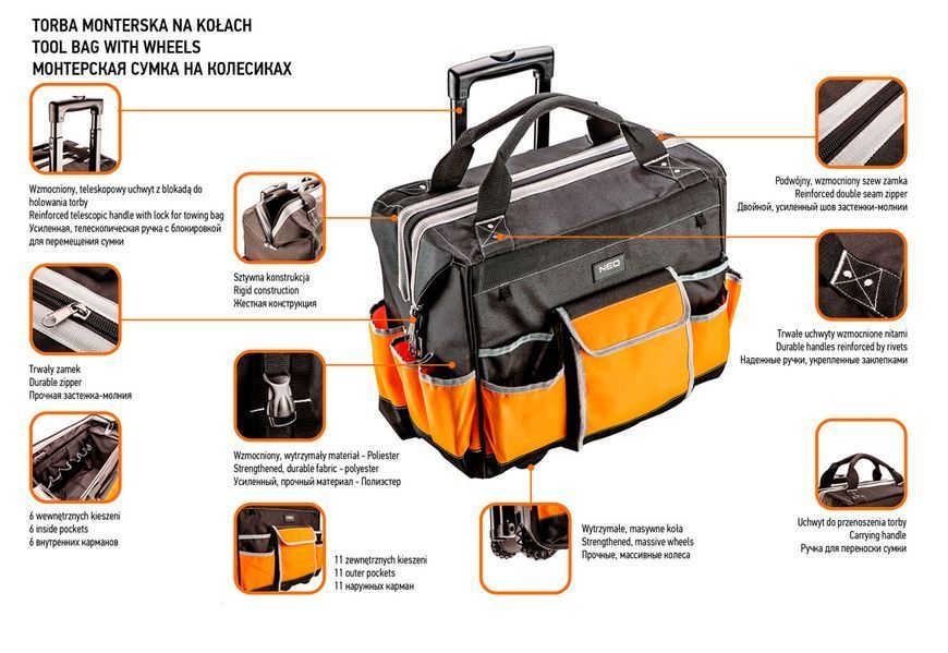 Сумка для инструмента на колесах NEO TOOLS 84-302, полиэстер 600D, телескопическая ручка 84-302 фото